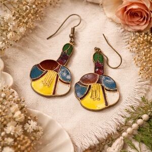 Vintage Cloisonné Enamel Floral Dangle Earrings Multi Colored Gold Tone